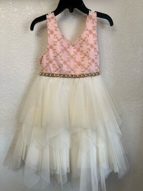 Embellished Pink and Ivory Girls Formal Tulle Dress